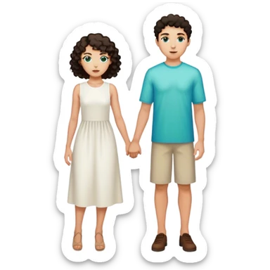 One tall man with light skin, green blue eyes, short straight dark hair and one girl with tan skin and curly dark hair and brown eyes wearing a white midi dress  sticker