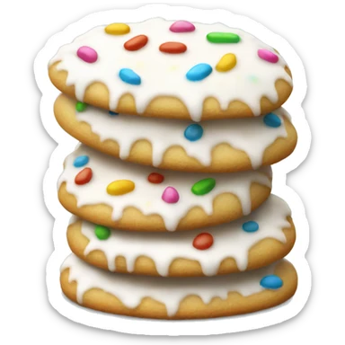 side view, pile of white iced christmas cookie with sprinkles sticker