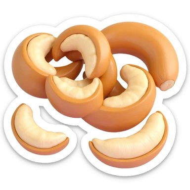 3D style illustration of cashew nuts, grouped together, realistic crescent shape, light tan glossy with soft sheen, white background, emoji clip-art style sticker