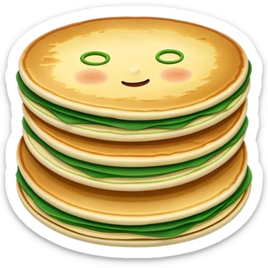Chinese scallion pancake with visible layers and green onions, simplified emoji style with bold outlines and bright colors, cartoon style crispy Cong You Bing sticker