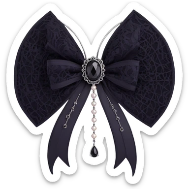 gothic bow, white silk, silver spiderweb brooch, black lace overlay, black feather accents, single black teardrop gem, dark pearl details sticker