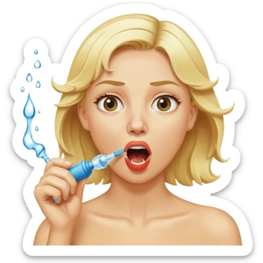 blond woman biting a wide skin-tone stick with a round knob, water jet shooting from the knob into her mouth, surprised look sticker