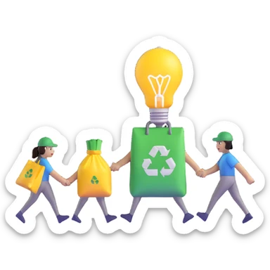 a lightbulb and a battery holding hands, carrying recycling bags, walking toward a recycling bin sticker