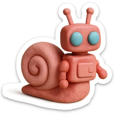 matte plasticine claymation style pink robot snail with visible fingerprints and pastel colors sticker