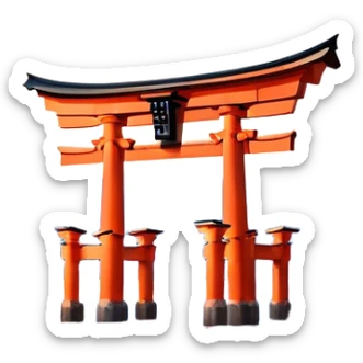 ​Cinematic Realistic Itsukushima Shrine, depicted as the iconic floating torii gate and shrine complex on the water, with vibrant vermilion hues contrasting against the serene blue sea and sky, rendered with intricate architectural details and soft, ethereal lighting that captures its spiritual beauty, sticker