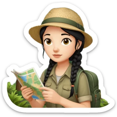 A braid black hair backpacking woman checking her map with curious eyes while walking in the woods with camping hat sticker