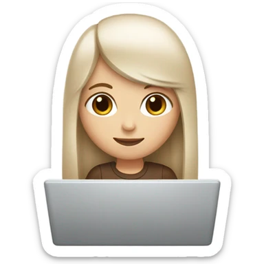 white girl with brown straight long hair and bangs holding a laptop in her hands sticker