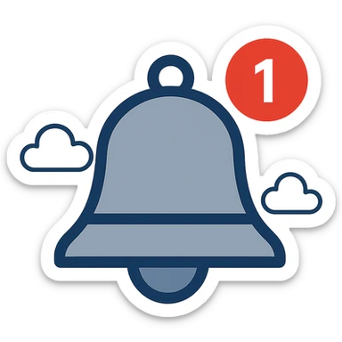 Add a red number badge '1' to the notification bell icon, maintaining the modern flat blue style with a clean and simple look. sticker