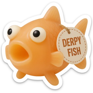 Make the Derpy Fish with the tag look exactly like the second fish in color, transparency, and detail, but keep the original pose and tag from the first image. It should have a retro 90's toy look with derpy eyes, soft plastic texture, soft reflections, soft and squishy appearance, some cloudiness, not shiny, highly detailed and appealing. Match the color and transparency of the second image as closely as possible. Remove the background. sticker