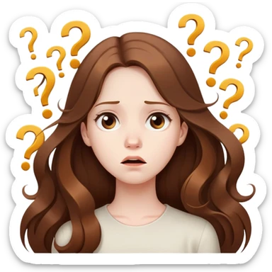Confused girl with long brown hair surrounded by floating question marks elegant cute  sticker