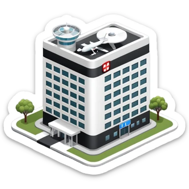 hospital isometric view building with heliport sticker