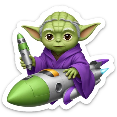 yoda in a purple robe siting in a rocket sticker