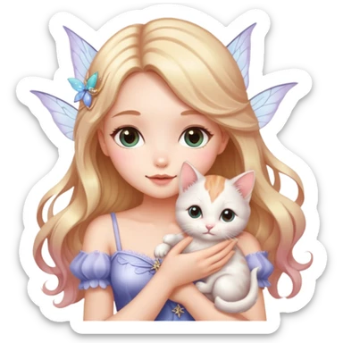 Very dreamy-pretty-fashionable-cute-shiny-ladylike-soft style-kawaii-beautiful-beautiful-hair-fairy style-holding a kitten sticker