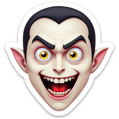 Cinematic Comical Vampire Portrait Emoji, with a sharply stylized, slightly caricatured pale face accented with exaggerated fangs and overly dramatic wide eyes filled with comic shock, head tilted in a hilariously startled pose, simplified yet amusingly detailed, glowing with a soft mysterious glow and a playful outline capturing the quirky humor of a vampire in disbelief! sticker
