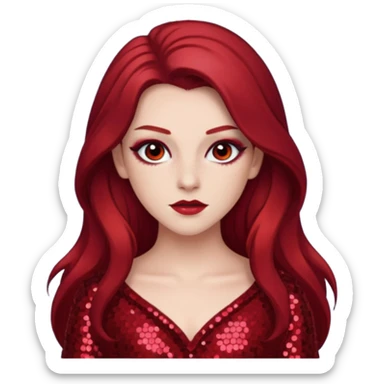 Chappell Roan (b.1998) with long dark red hair, red sequin outfit, makeup sticker