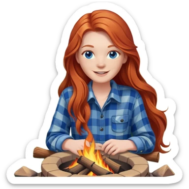 Happy redhead with long hair and blue eyes beside fire pit in backyard sticker
