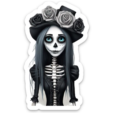 full height skeleton, tim burton "corpse bride", thin porcelain doll with a cracked face, goth makeup watery eyes, long hair, lace and ruffles, lolita style, inked, black and white, red roses, gothic castle with roses sticker
