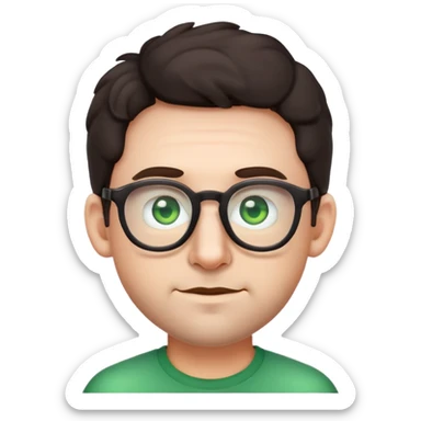 simple male emoji with poofier slightly curly dark hair, big ears, pale skin, glasses, green eyes, light stubble sticker