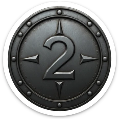 Minimal emoji, gothic metal coin made of black steel, engraved number 2 at the center, ancient industrial aesthetic, worn metal texture, no glow, no neon, flat emoji design, centered, transparent background sticker
