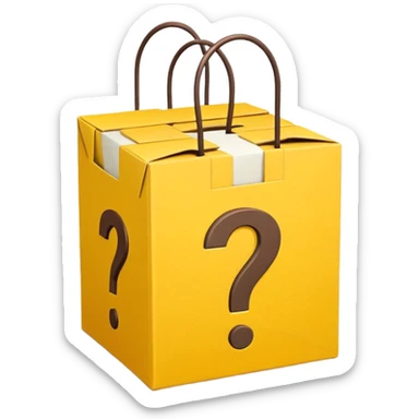 White bag with yellow questions mark cube boxes stuffed in it sticker