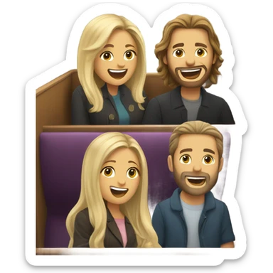A woman with long dark hair, a womanwith long blond hair, a bearded man with long dark hair and a man with short blond hair and sunglasses sitting in a booth on a train laughing  sticker