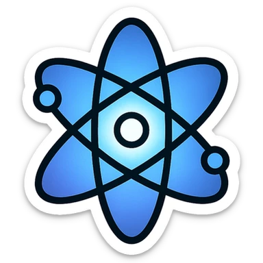 minimalist glowing neutron particle or atomic symbol at center with soft cosmic deep space background, futuristic tech feel, cool tones blue purple white, clean modern 2D flat design, visually distinct at small sizes sticker