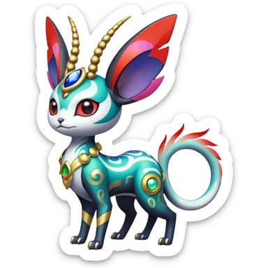 Shiny Horned Antenna’d Colorful Futuristic Ornate Oriental Painted Asian Fae-Vernid-Trico-Meloetta-Latias-Koraidon-Peppercat-Protogen-Pokémon-Digimon-Fakémon-fusion-hybrid-creature sticker