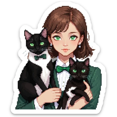 brown haired girl with light tan skin and brown eyes holding a black Bombay cat with green eyes and a black and white Tuxedo cat with hazel eyes sticker