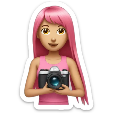 girl with long, straight rose hair with fringe and holding camera and wearing pink tank top sticker