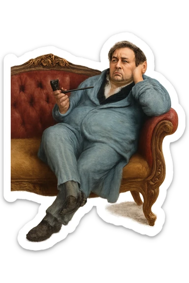 Герой Обломова в слегка рисованном, но при этом реалистичном и объемный стиле, со слегка растерянным видом развалился на дорогой кушетке 19 века, прозрачный фон sticker