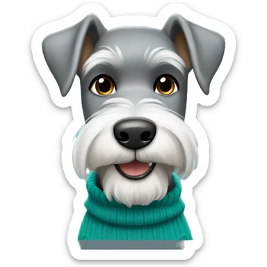 Grey and white schnauzer with dark brown eyes smiling, wearing in a teal sweater sticker