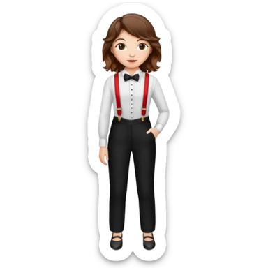 Woman with wavy brown hair and hazel eyes wearing black tuxedo pants with red suspenders sticker