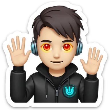 Chibi cyberpunk hacker emoji with glowing eyes, shaking head “no” and waving stop hand, friendly anti-scam message, text “NO SCAMS”, smooth looping animated sticker, bright neon colors, transparent background, Discord emoji style. sticker
