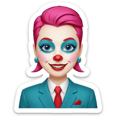 Pink slicked-back hair.

White face paint with blue eyebrows and eye makeup.

Big red nose and wide smile with red lipstick.

Wearing a teal suit with a yellow shirt and red buttons. sticker
