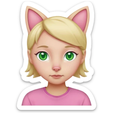Squareded Ears Pink Skin Green Eyes Cat Shaped Pupils Heart Shaped Forehead Blonde Haired Pink Shirt  sticker