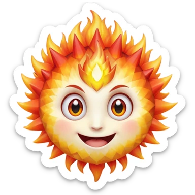 spiky mineral rock characterA single spiky crystal rock character, compact and round with many chunky flame-like spikes, glowing red–orange–yellow gradient like fire, faceted crystal texture, cute face with big shiny eyes and excited smile,

 sticker