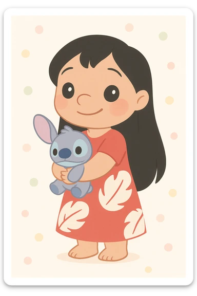 Lilo from Lilo & Stitch as a cute cartoon character, full body, smiling, wearing her red dress with white leaf pattern, holding a plush toy, friendly and colorful style sticker