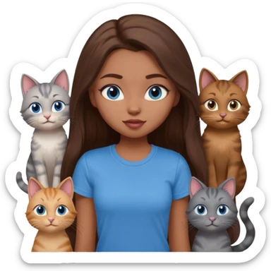 a pretty bratz dusky girl with long brown hair, blue eyes with six cats nd wearing a grey tshirt sticker