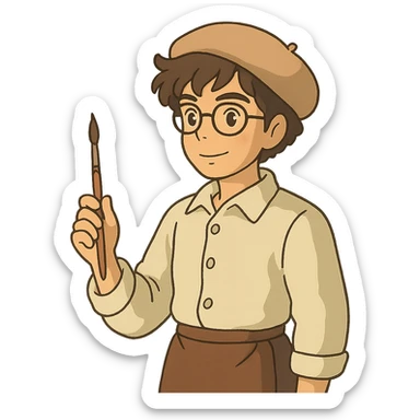 ghibli style artist character holding a paintbrush sticker