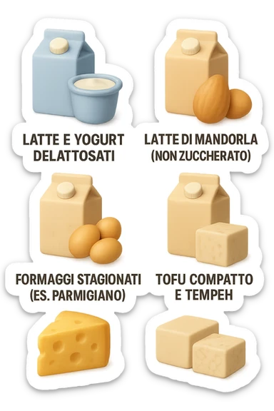 emoji stile iphone 3d di questi elementi che fluttuano in aria:

Latte e yogurt delattosati
Latte di mandorla (non zuccherato)
Latte di soia da proteine isolate
Formaggi stagionati (es. parmigiano)
Tofu compatto e tempeh
 che fluttuano in aria,  le etichette scrivile in italiano, iperealistico 4k sticker
