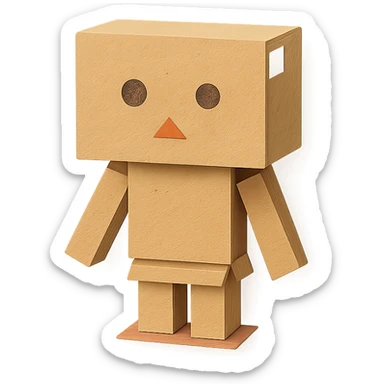 Danbo, the cardboard robot, in a softly lit room with wooden floor, cartoonish style, clean lines, pastel palette, cozy and nostalgic mood sticker