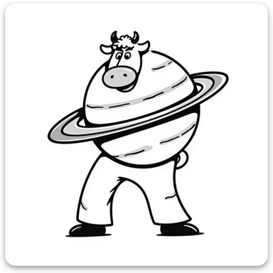 a cow with the body of the planet Saturn with visible rings and gigantic human feet, illustrative style sticker