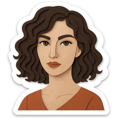 paper craft style portrait of a woman with wavy dark brown hair and green eyes sticker
