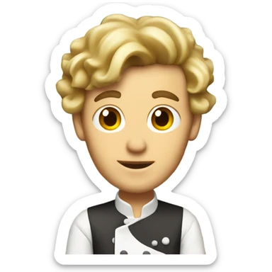 Man middle long dark blond hair dress as a pastry chef with a hate  sticker