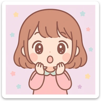 kawaii anime girl with brown hair, surprised expression, pastel colors sticker