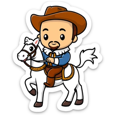Cowboy Shakespeare with ruff collar and quill pen on a horse sticker