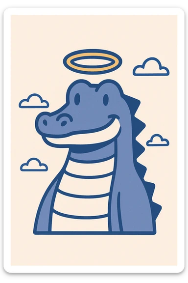 2D cartoon gator with a golden halo, smiling, minimal background sticker