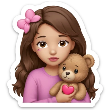 girl with long wavy brown hair, brown eyes, light to medium complexion, in a pink shirt, pink lips, long lashes, sad, hugging squeezing a teddy bear with heart band aid sticker