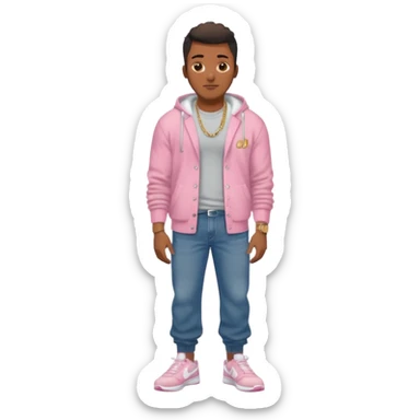 Handsome Black guy with brown skin tone, with muscular build, wearing baggy dark denim jeans, a white t-shirt, pink and gray fuzzy cardigan, white Nike sneakers, a gold watch, and a dainty chain sticker