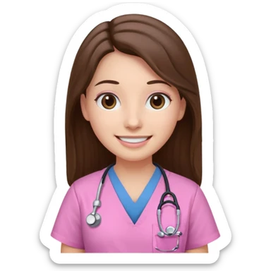 doctor, pink, she, hair brown, eyes black, scrub pink, white skin, longlong hair, smile sticker